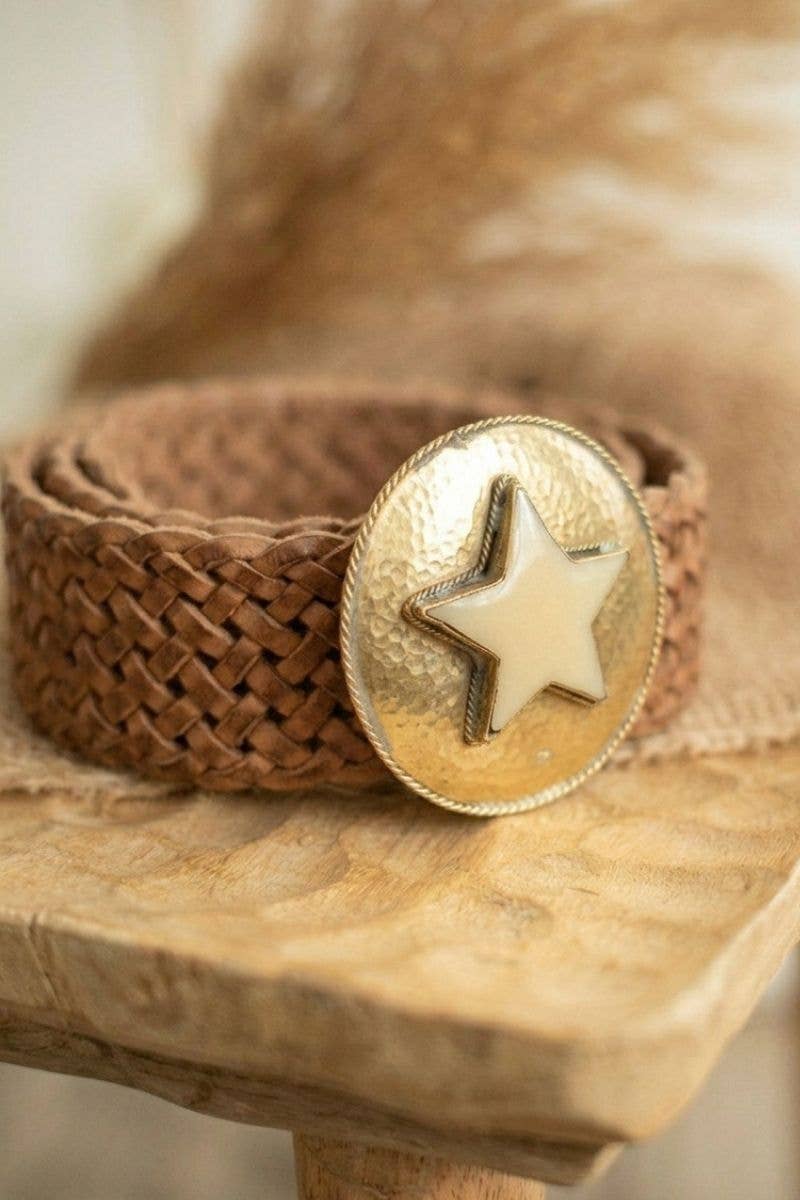 BROWN LEATHER BELT WIDE STAR