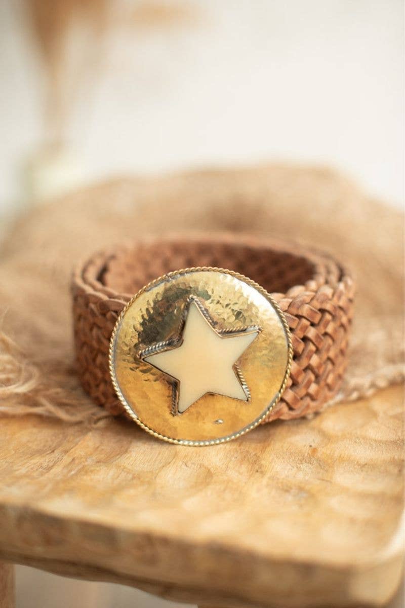 BROWN LEATHER BELT WIDE STAR