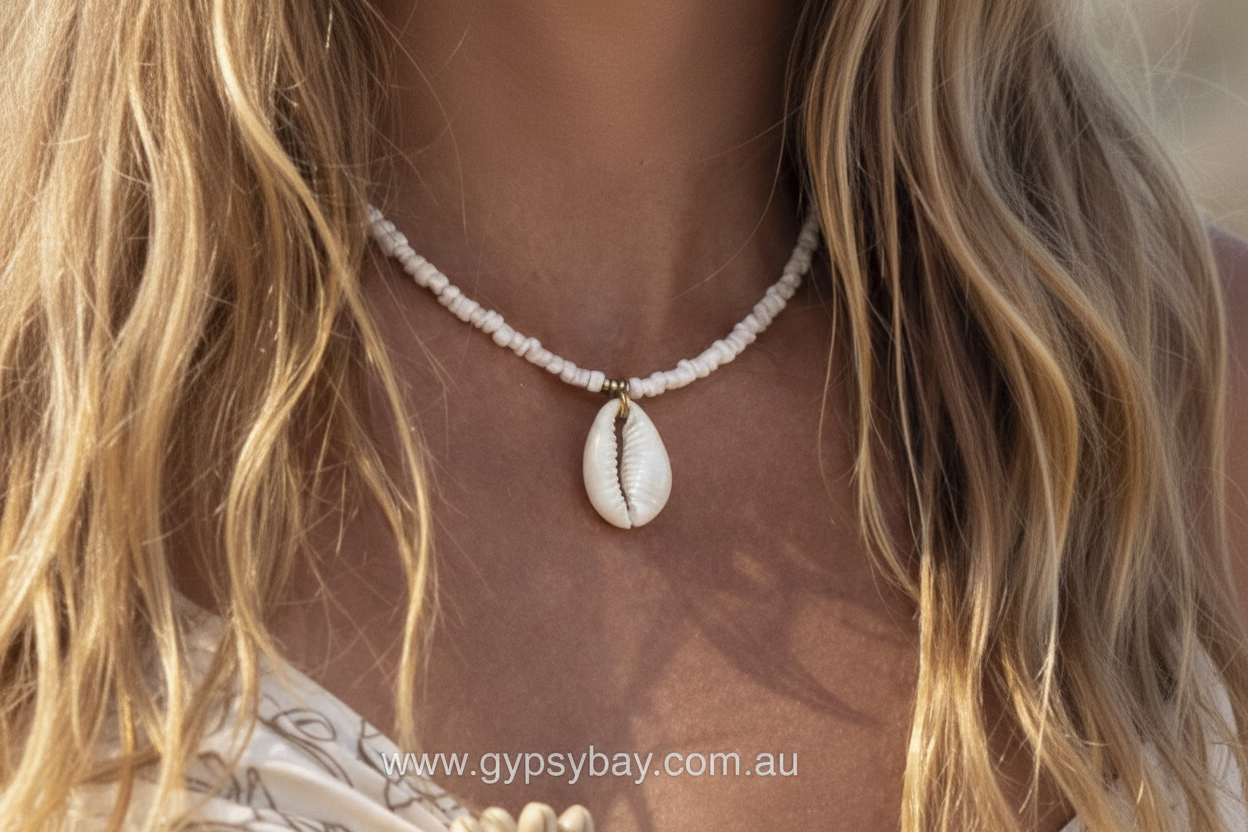 Necklace with a cowrie shell pendant worn by a person with long hair.