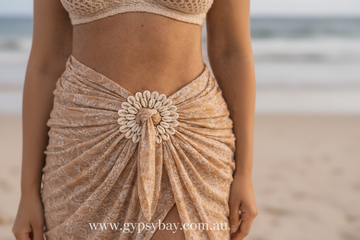 Close-up of a beige textured sarong with a floral knot detail.