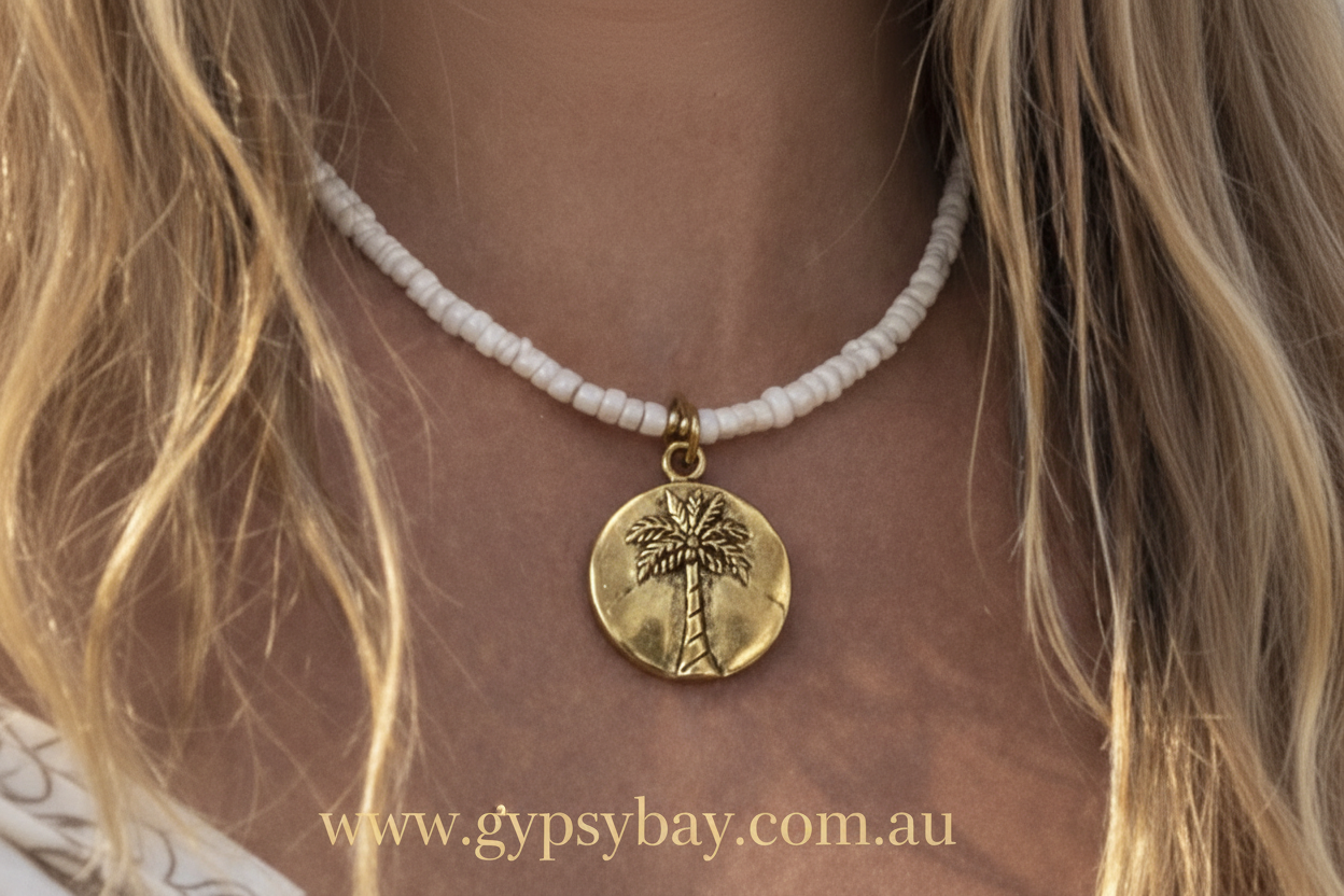 Necklace with a palm tree pendant worn by a person